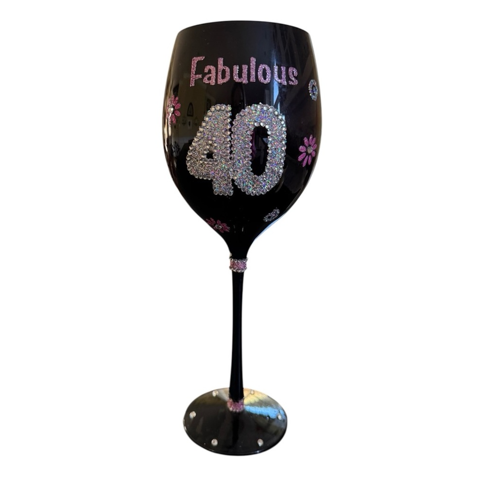 NWT 40th Birthday Hand Painted Wine Glass Bedazzled Black Pink Silver Large